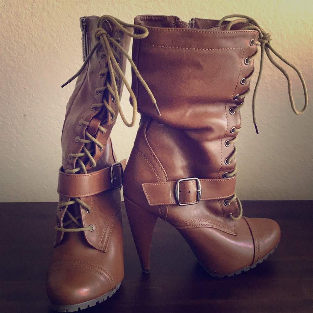 Brown heeled combat boots